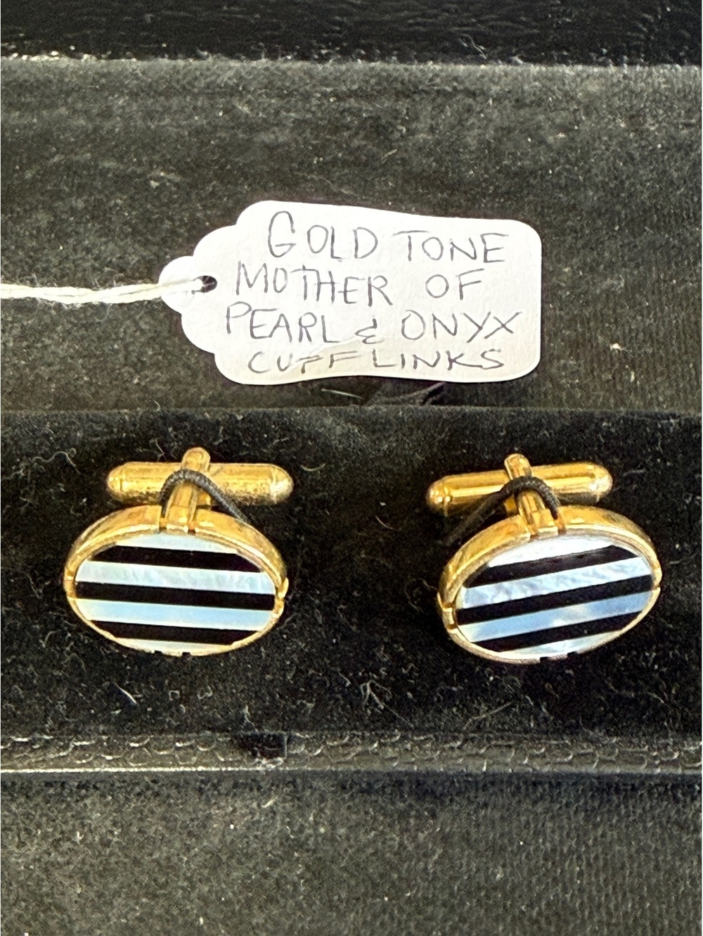 Gold Tone Mother of Pearl and Onyx Cufflinks
